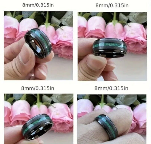 Men's 8mm Tungsten Beveled Edges Black Emerald Opal Siderite Wedding Band